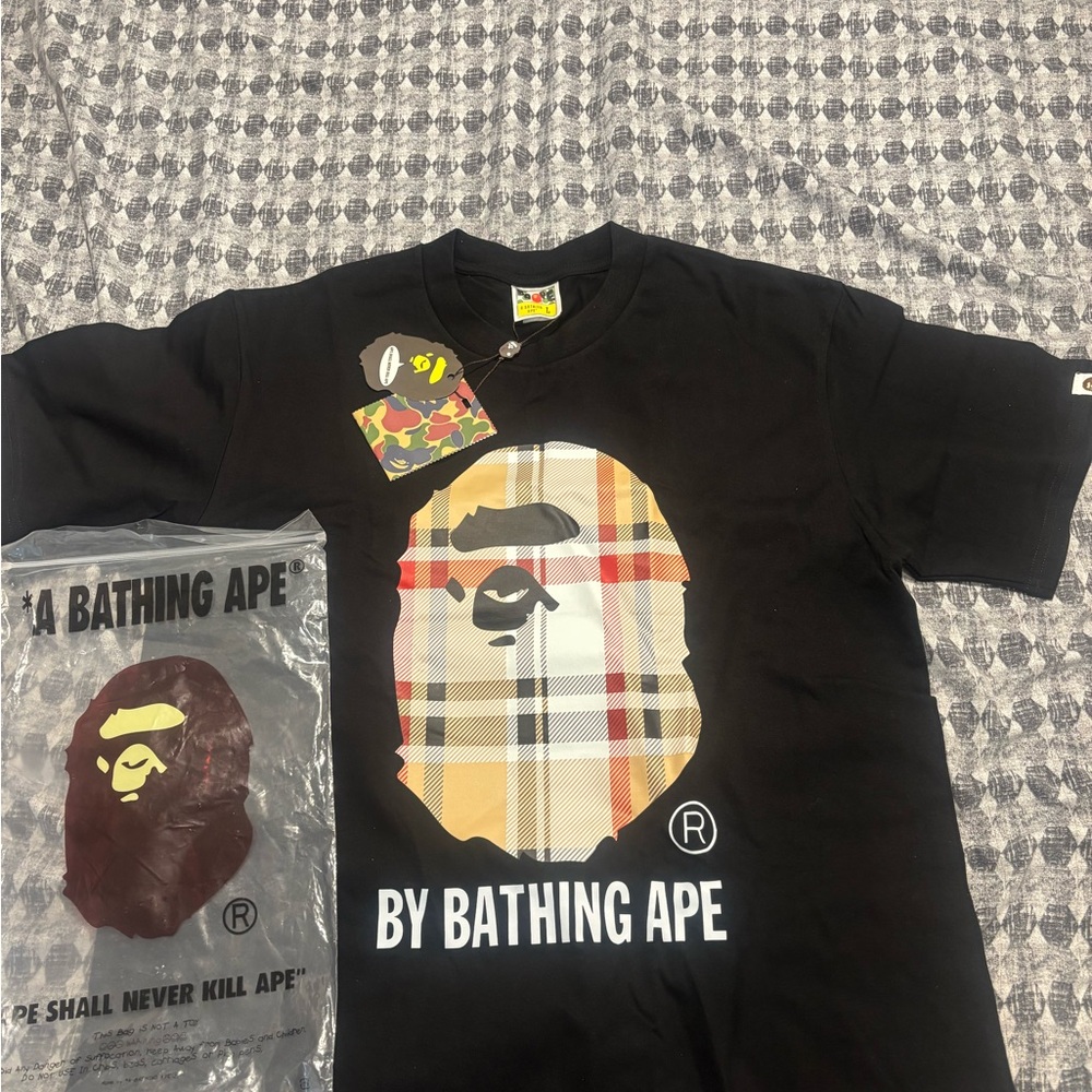 Bape Black Short Sleeve Tee with Plaid Ape Head